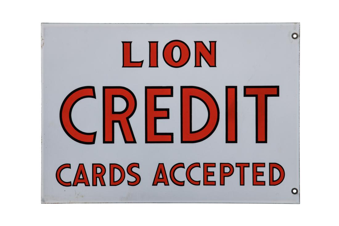 Lion Credit Cards Accepted Porcelain Sign: DSP. It has very good color and gloss. It shows light wear, small spots of discoloration, and small hairline cracks along the edge. Its displays very well. Measures: 14"x20" Rating: 9.25 Est: $500-$10