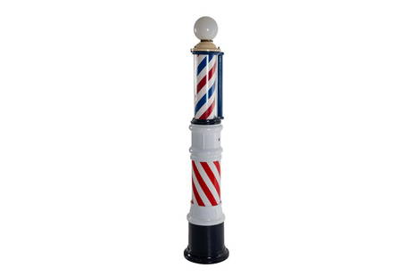 Porcelain Barber Pole: Stand up porcelain rotating barber pole. Very good gloss and color. Shows minor chips and flaws. Glass cylinder and globe are in good shape as well. Overall it displays very nicely. Measures: 83"X15"