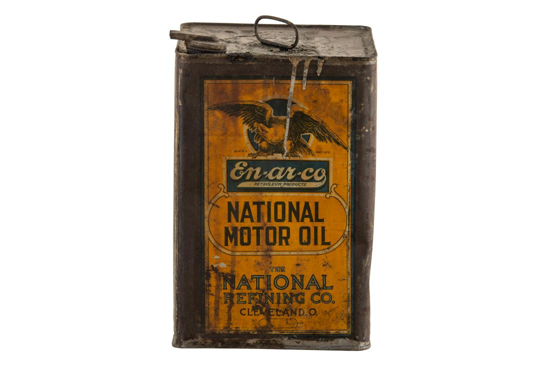 Early En-Ar-Co 5 Gallon Square Oil Can: It has fair color. It shows discoloration, wear, paint loss, and dents throughout. It displays well with the early graphics. Measures:14.25"x9.5" Rating: 6.75 Est: $150-$300