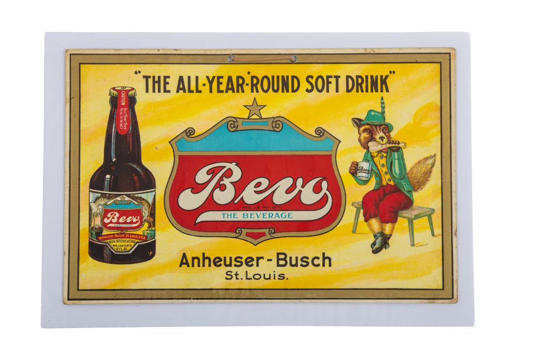 Bevo Anheuser-Busch Prohibition Cardboard Sign: SS Cardboard. It has good color. It shows minor wear, slight discoloration, and a few bends/tears along the edge. It displays well and is seldom see. Measures: 8.5"x12.75" Rating: 8 Est: $250-$500