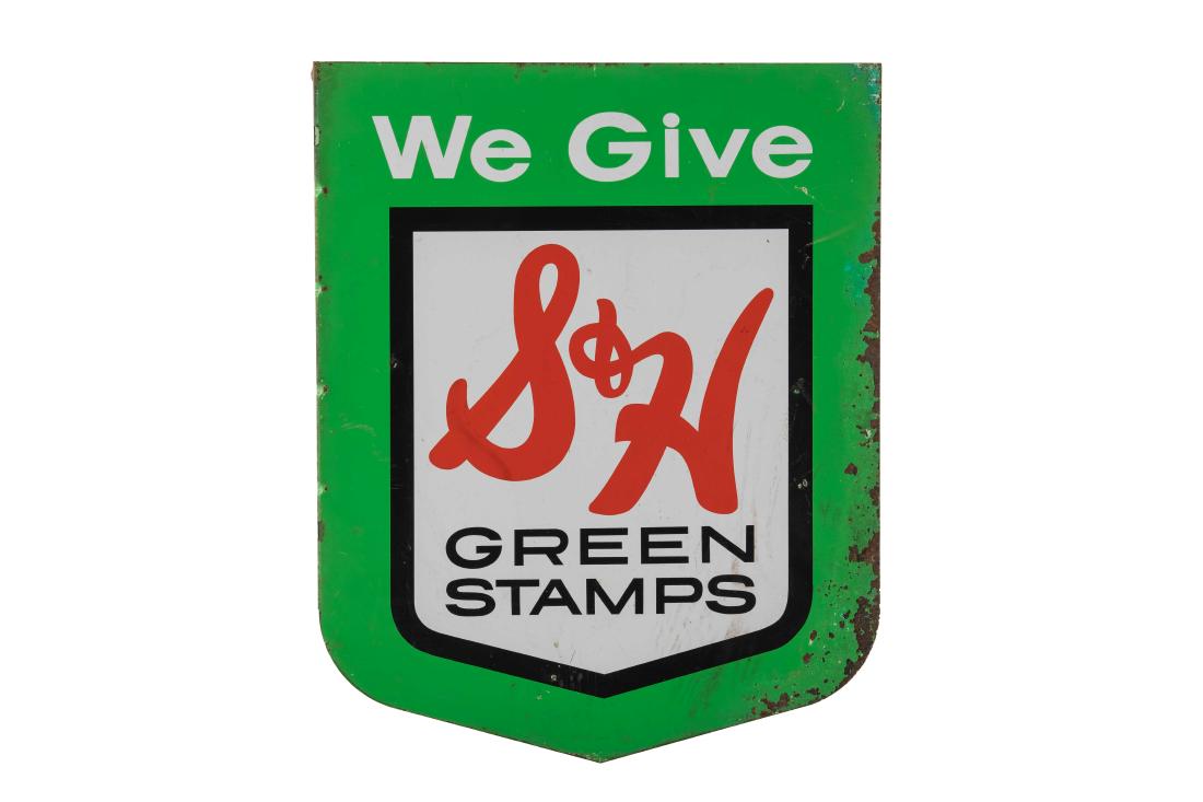 S&H Green Stamps Tin Flange Sign: DSTF. Very good gloss and color. It does show rust and paint loss on both sides. Sign displays nicely. Measures: 23.5"X19" Rating: 7.75 Est: $150-$300