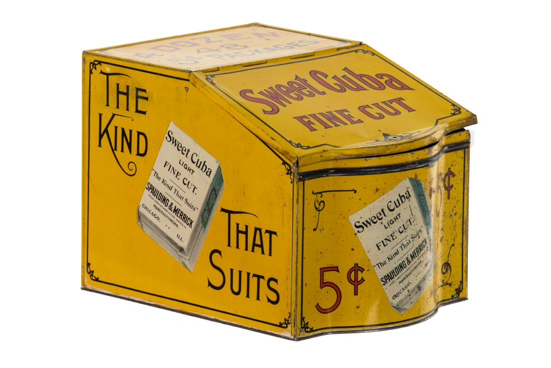 Sweet Cuba Tobacco Tin: Tin display. Very good gloss and color. Shows some paint loss. One side shows fading and a large ding. Nice piece with a great look. Measures: 8"X8"X9.5" Rating: 7.25 Est: $150-$250