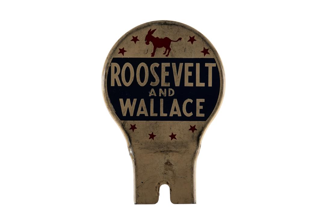 Roosevelt & Wallace License Plate Topper: SST. Good gloss and color. Shows areas of wear and staining. Great subject matter. Measures: 6"X4" Rating: 8.25 Est: $100-$300