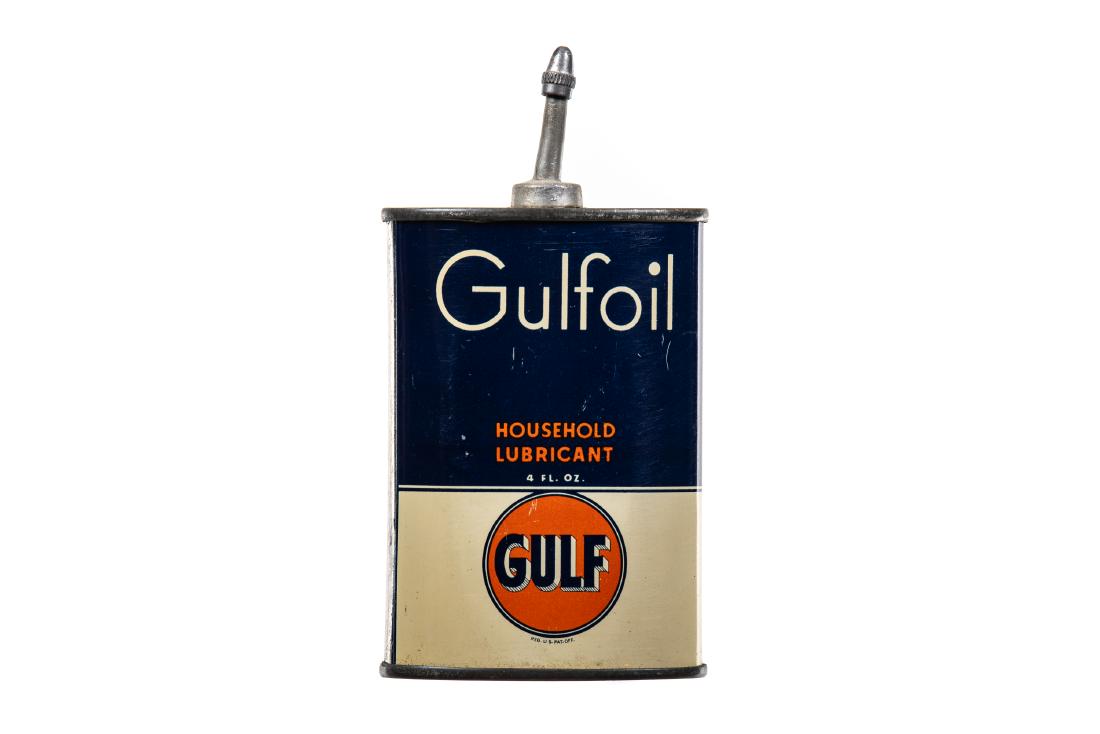 Gulfoil Household Handy Oiler Can: Empty 4oz can. Very good gloss and color. Shows areas of minor wear. The back side shows one dent as well. Overall it displays very well. Measures: 5"X2.5" Rating: 8 Est: $100-$300