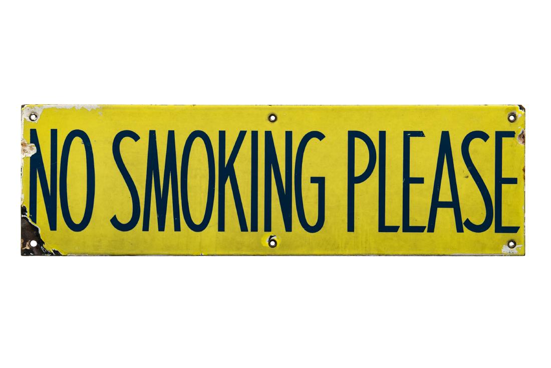 No Smoking Please Porcelain Sign: SSP. Very good gloss and color. Shows areas of minor discoloration with chipping along the perimeter as well as areas of white paint. Sign has a great look and displays very well. Measures: 6"X20" Rat