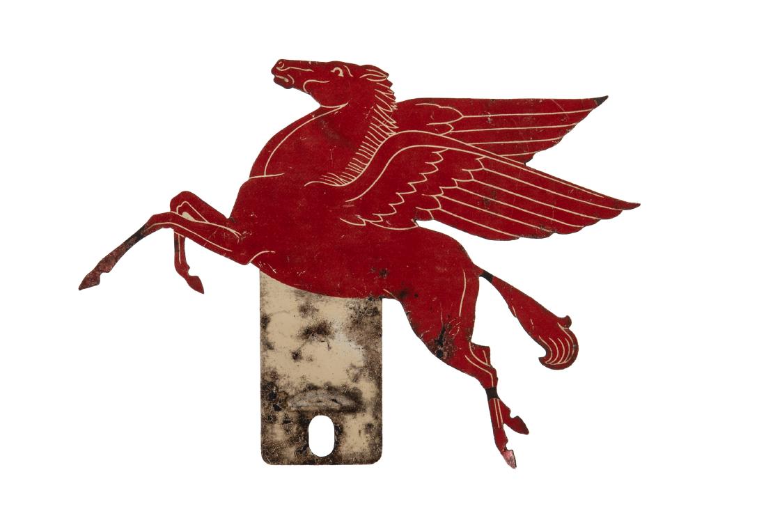 Mobil Pegasus License Plate Topper: SST. Above average gloss and color. Shows areas of wear and paint loss. Tough version to find. Measures: 4.5"X6.5" Rating: 7.25 Est: $125-$325