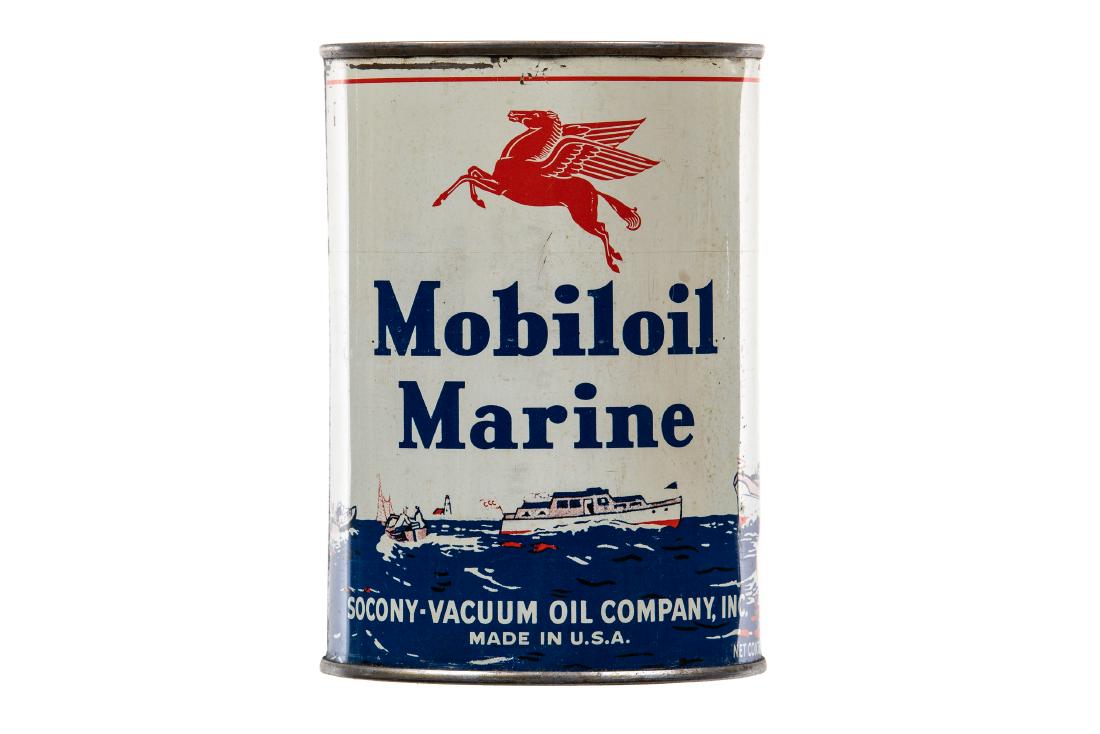 Mobil Marine Motor Oil Can: Empty quart can. Great gloss and color. Shows areas of wear and minor dings. Overall it displays very well with great graphics. Measures: 5.5"X4" Rating: 8.5 Est: $500-$750