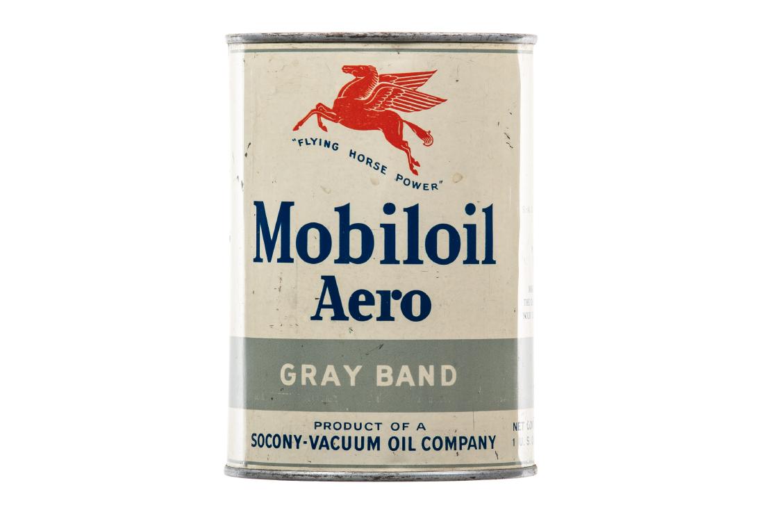 Mobil Aero Motor Oil Can: Empty quart can. Good gloss and color. Shows areas of discoloration and paint loss. Very tough can to find. Measures: 5.5"X4" Rating: 8.25 Est: $300-$600
