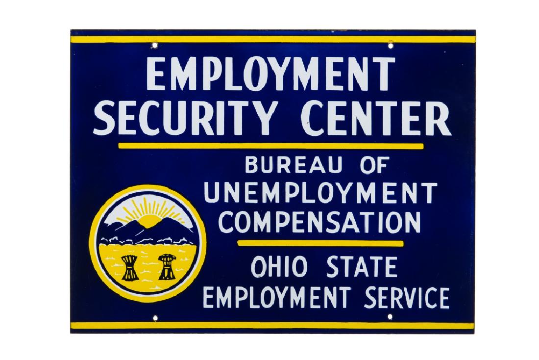 Ohio State Employment Service Porcelain Sign: DSP. It has excellent color and gloss. It shows very light wear, minor flaws, a few small spots of crazing, and some very small chips throughout. It displays extremely well. Measures: 18"x24" Rating: 