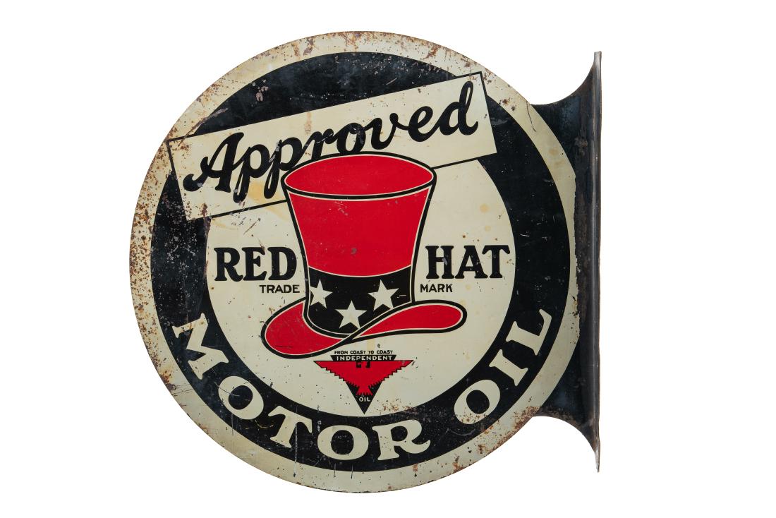 Rare Red Hat Motor Oil Tin Flange Sign (1 of 5)