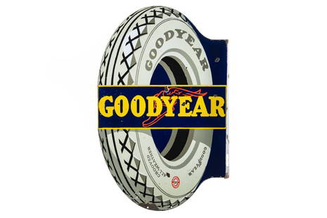 Goodyear Groved All Weather Porcelain Flange Sign: DSPF. It has above average color and gloss. It shows areas of wear, discoloration, a slight bend in the flange, and chipping throughout. It displays well with the tire graphic. Measures: 34"x21.75" Ra