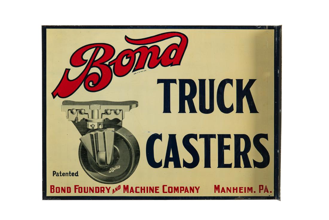 Bond Truck Casters Tin Flange Sign: DSTF. Good gloss and color. Shows areas of scratching and paper marks. Overall it displays very well with great graphics. Measures:14"X18.5" Rating: 8 Est: $400-$700