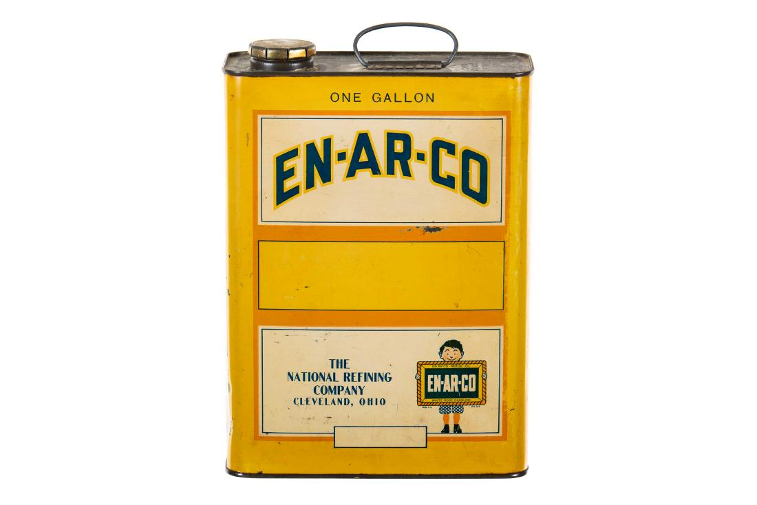 En-Ar-Co Motor Oil 1 Gallon Can: It has above average color. It shows areas of slight discoloration, wear, minor paint loss, and a few light bends/dents. It displays well and it is empty. Measures: 11"x7.5" Rating: 8.25 Est: $150-$30