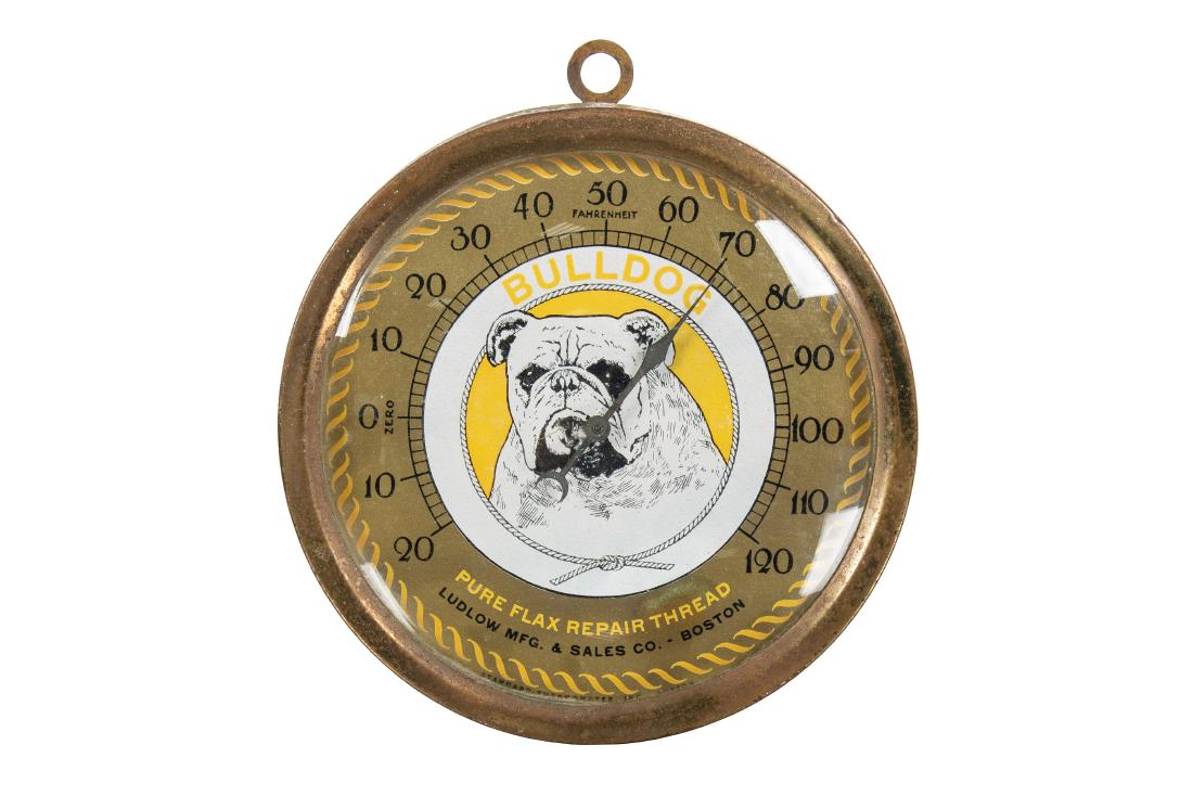 Bulldog Pure Flax Repair Tread Thermometer: It has good color. It shows minor wear, small flaws, areas of discoloration, and a couple small dents. It displays well and it appears to be accurate. Measures: 6.75"x6" Rating: 8.25 Est: $250-$500