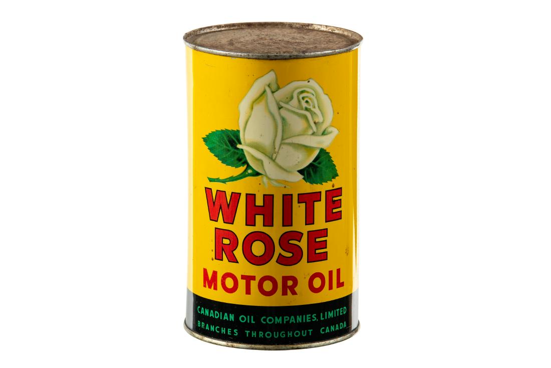 White Rose Imperial Quart Motor Oil Can: Empty imperial quart. Great gloss and color. Shows only minor flaws. Tough to find in this condition. Overall it displays nicely. Measures: 6.5"X4" Rating: 8.5 Est: $150-$300