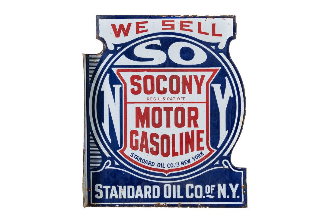Socony Motor Gasoline Porcelain Flange Sign: DSPF. It has average color and gloss. It shows discoloration, wear, flaws, spots of crazing, edge wear, and some chipping mainly along the edge. It displays average. Measures: 24"x20" Rating: 7.75 & 7