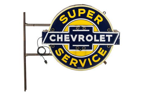 Chevrolet Super Service Dealership Neon Sign: DSPN. It has very good color and gloss. It shows areas of discoloration, minor wear, a missing inspection cover, and various sized chips throughout. It retains its original can which the tag and decal