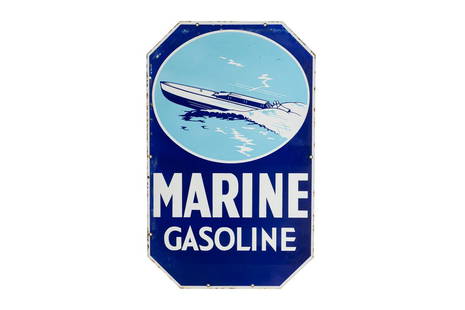 Rare Marine Gasoline Porcelain Sign: DSP. Good gloss and color. Shows areas of wear and discoloration. It also shows chipping along the perimeter. Very tough sign to find in any condition. Overall it displays very well with great graphic