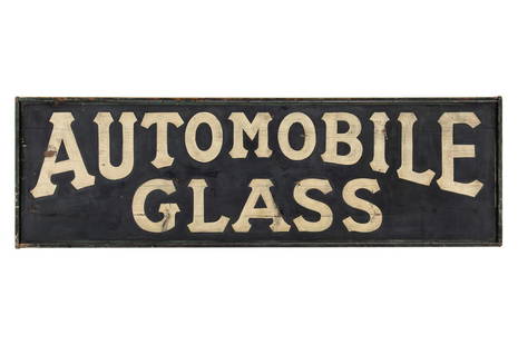 Early Automobile Glass Smaltz Wood Sign: Double sided wood with smaltz. Sign has a great look with areas of paint loss. Looks to be a very old repaint. Very early and tough piece to find. Overall it has a great look and displays very well. M