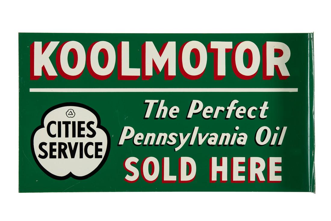 Cities Service Koolmotor Tin Flange Sign: DSTF. It has very good color and gloss. It shows light wear, paint flaws, and areas of minor paint loss. It displays well. Measures: 12"x22" Rating: 8.5 & 8.25 Est: $800-$1200
