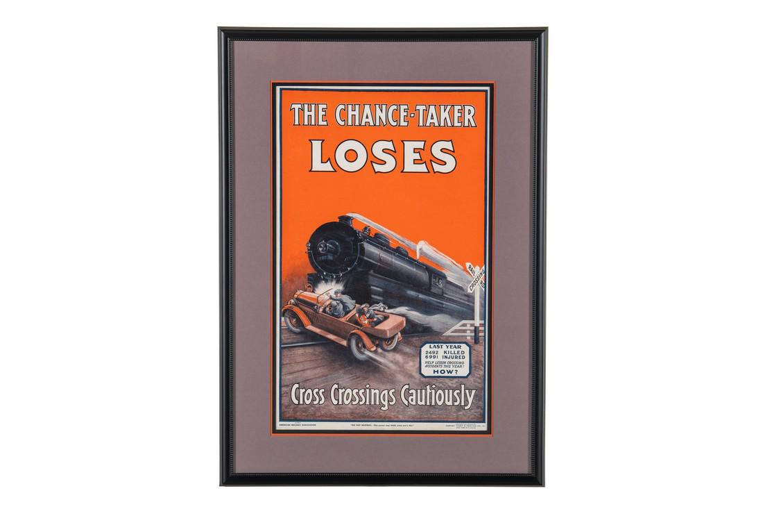 Cross Crossings Cautiously National Railway Ad: Framed single sided paper. Fantastic color with only minor flaws and one small crease on the upper left hand corner. Marked National Railway Association & Simplex Ticket and Printing Co, Overall this 