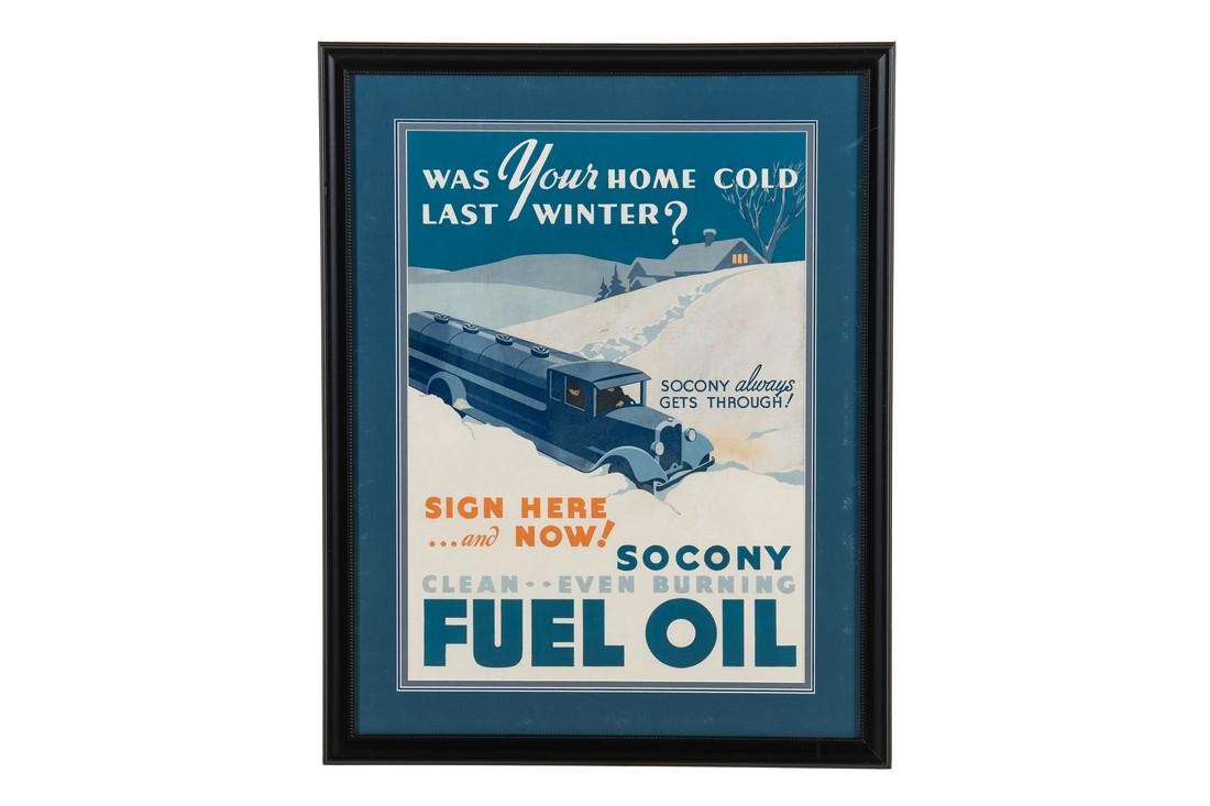 Socony Fuel Oil Framed Advertisement: Framed poster. Very good color. Shows areas of staining. Very nice frame and matting. Overall it displays very well with great graphics. Measures: 36"X28" Rating: 7.75 Est: $500-$900
