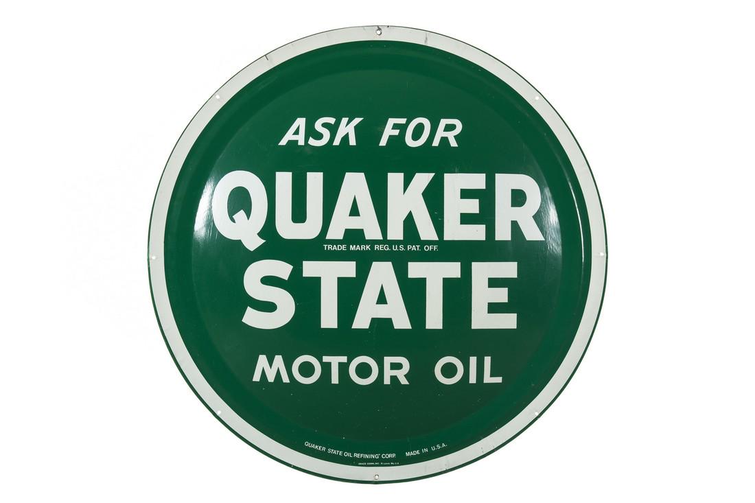 Quaker State Motor Oil Tin Sign: SST. Good gloss and color. Shows areas of wear and minor paint loss. Marked Grace Comm. Inc, St. Louis MO, Overall it displays nicely. Measures: 24" Rating: 8.25 Est: $200-$400