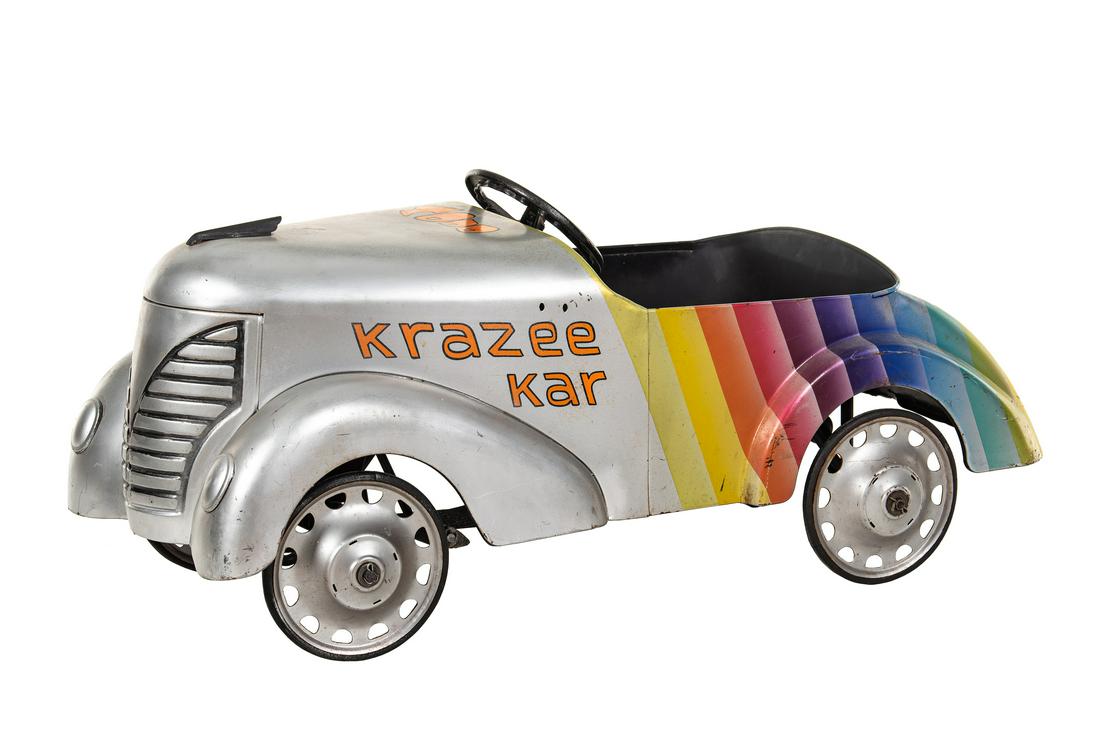 Lee Smith's Krazee Kar Pedal Car: 1940's kiddie pedal car. Measures: 18"X37" Rating: Restored Est: $350-$700