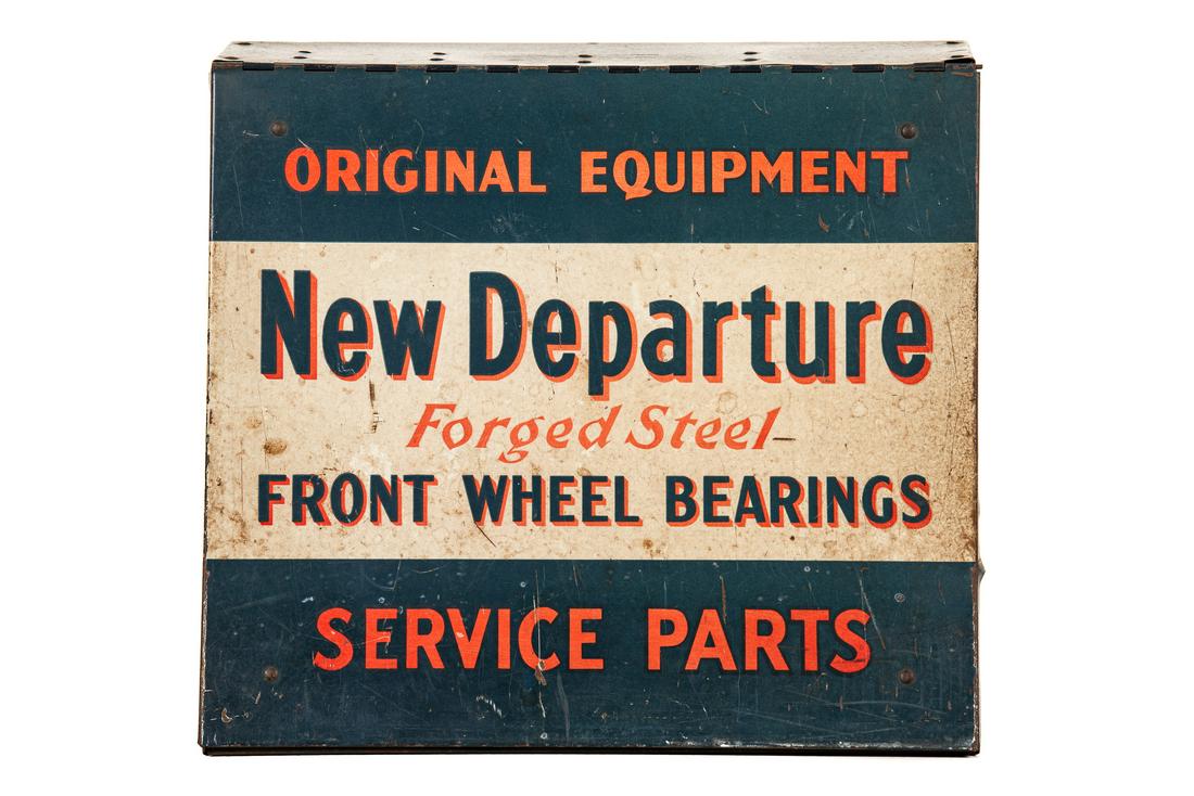 New Departure Front Wheel Bearings Counter Cabinet: It shows areas of wear, paint loss, small bends/dents, and slight discoloration. It displays well and there are some bearings inside of it. Measures: 11"x12.75" Rating: 7.75 Est: $125-$250