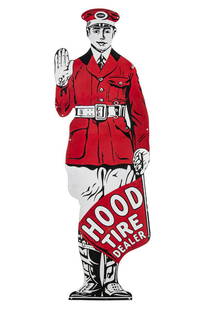 Hood Tires Porcelain Sign: SSP. Good gloss and color. Shows areas of wear in the restoration. Measures: 71"X23" Rating: Restored Est: $2,500-$5,000