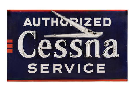 Cessna Sales & Service Porcelain Neon Sign: SSPN. Partial restoration. Very good gloss and color. Shows areas of wear and discoloration. Light up and displays very well. Tough sign to find. Measures: 40"X67" Rating: Restored Est: $3,000-$6,000