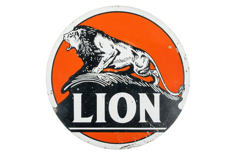 Lion Oil Porcelain Sign: DSP. Very good gloss and color. Shows chipping throughout on both sides. Overall it displays very well with great crouching lion graphics. Measures: 60"X60" Rating: 8.25 Est: $3,500-$5,000 $4,000