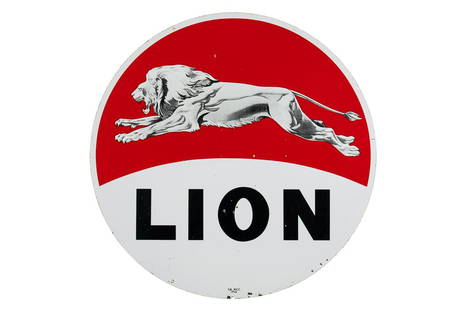 Lion Oil Porcelain Sign: DSP. Great gloss and color. Shows minor chipping on both sides, mainly along the perimeter. Marked T.M. M.C.C. Tough to find in this condition. Measures: 72"X72" Rating: 8.25 Est: $3,500-$5,000 $4000.