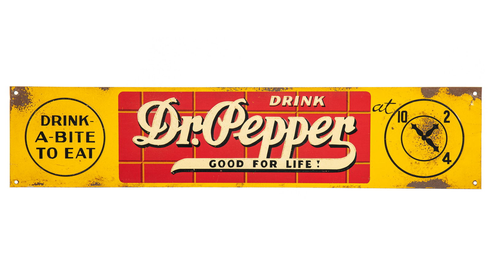 Drink Dr. Pepper Horizontal Sign: SSTE. It has above average color and gloss. It shows areas of discoloration, paint loss, wear, and some bends. It displays well. Measures: 4"x18" Rating: 7.25 Est: $150-$300