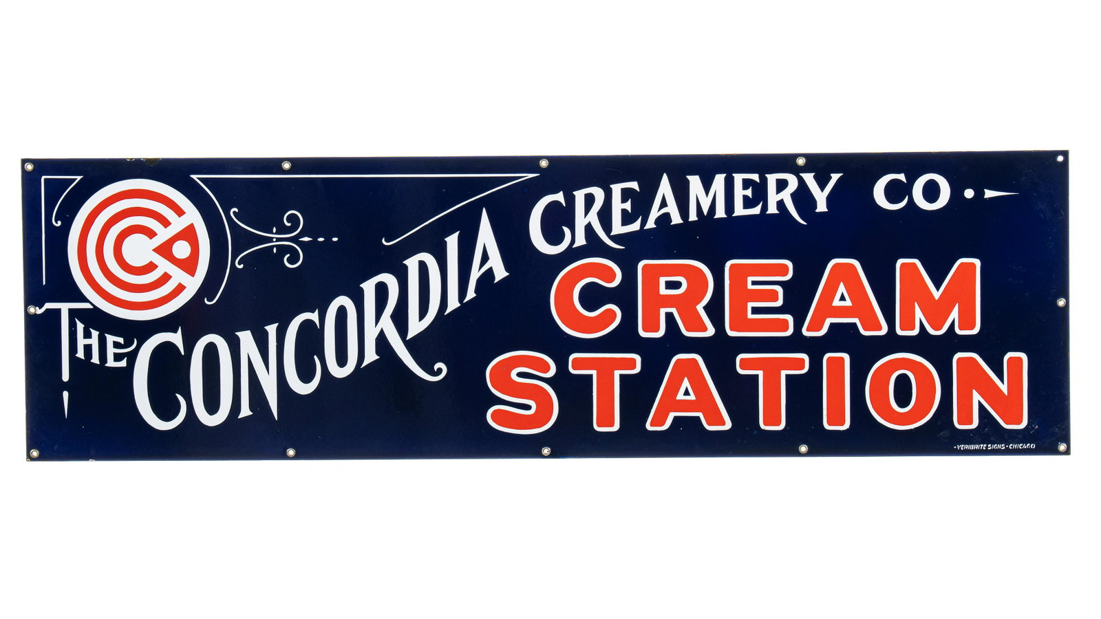 The Concordia Creamery Co. Cream Station Sign: SSP. It has very good color and gloss. It shows light wear, spots of slight discoloration, and a few chips along the edge. It displays very well and is marked Veribrite. Measures: 14"x48" Rating: 9 Es