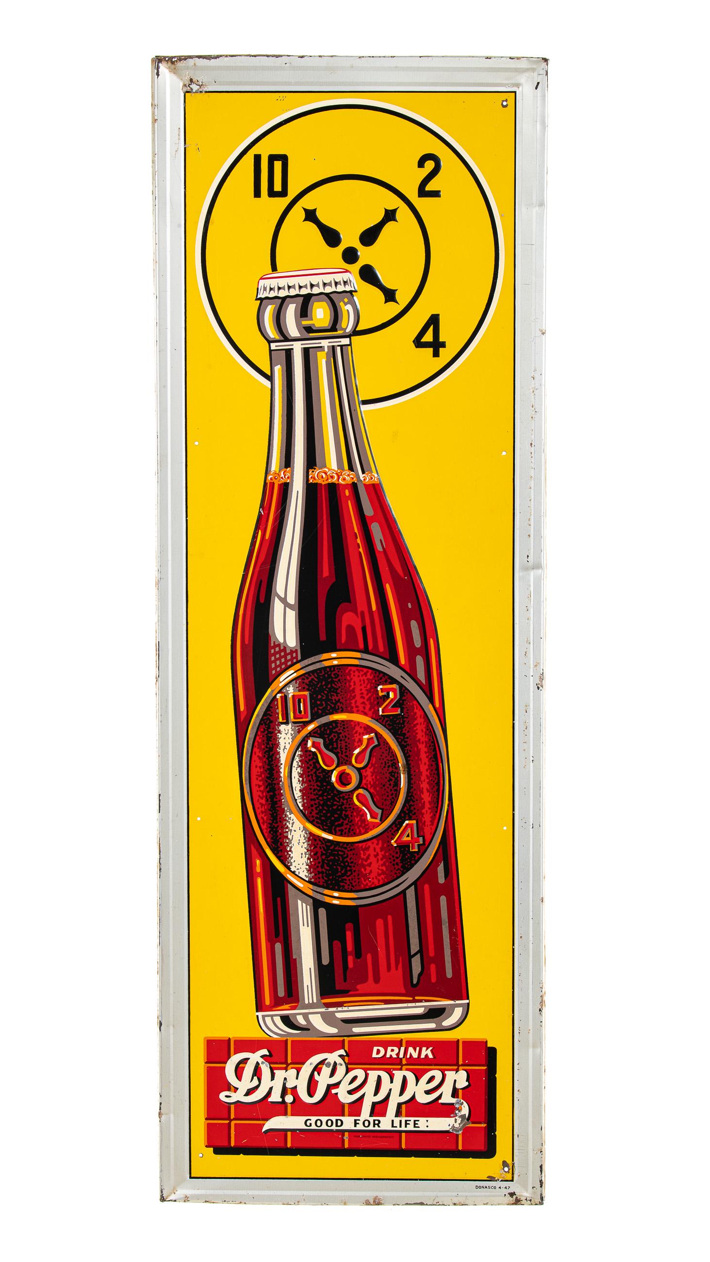 Dr. Pepper Vertical Sign With Bottle: SSTE. It has good color and gloss. It shows areas of paint loss, wear, discoloration, and a few light bends. It displays well and is marked Donasco. Measures: 54.25"x18.25" Rating: 8 Est: $1000-$2000