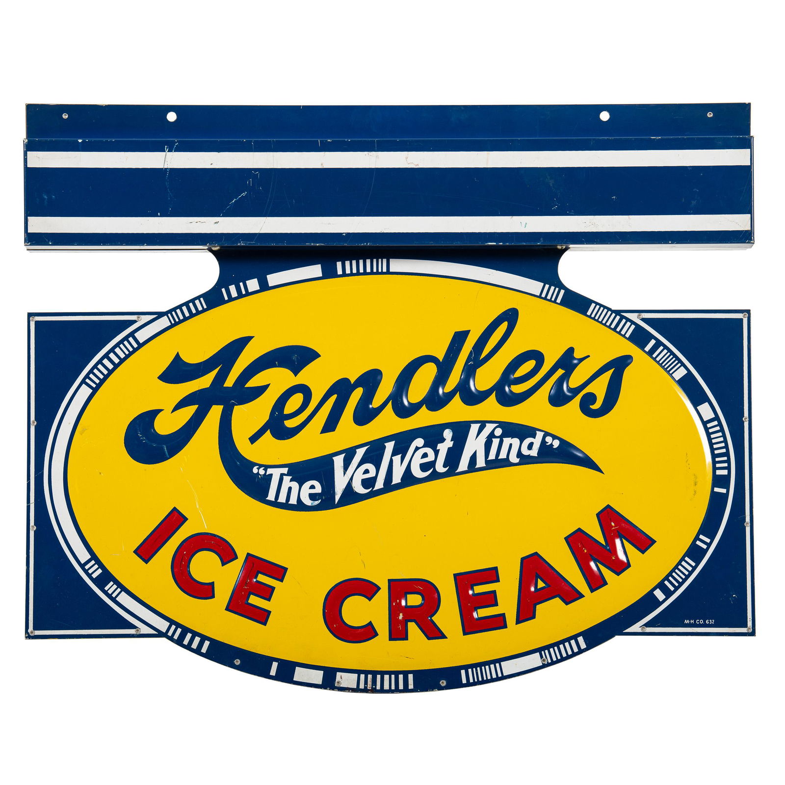 Hendlers Ice Cream Hanging Sign: DSTE. It has good color and gloss. It shows light wear, paint loss, and flaws throughout. It displays well and is marked M-H Co. Measures: 19"x23.25" Rating: 7.75 & 7.75 Est: $500-$1000