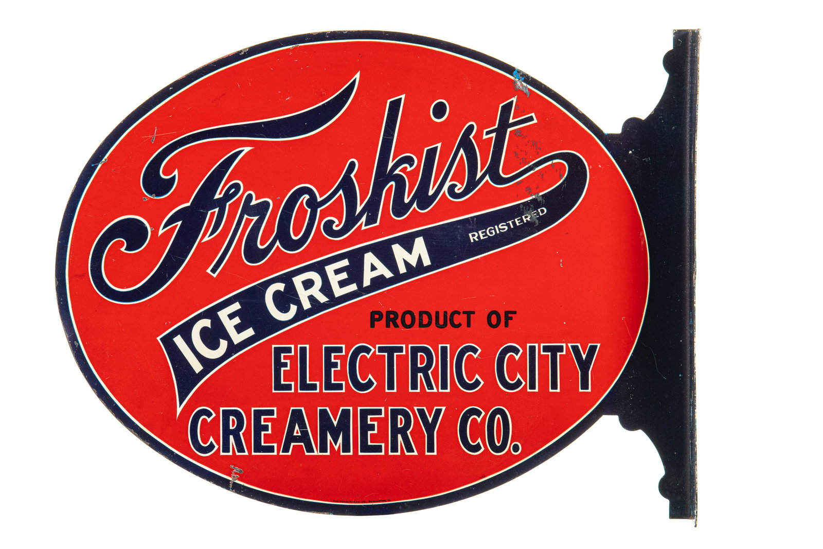 Froskist Ice Cream Flange Sign: DSTF. It has above average color and gloss. It shows light scratching, wear, paint loss, and a few light bends along the edge. It displays well and is marked The Novelty Adv. Co. Measures: 13.75"x17.7