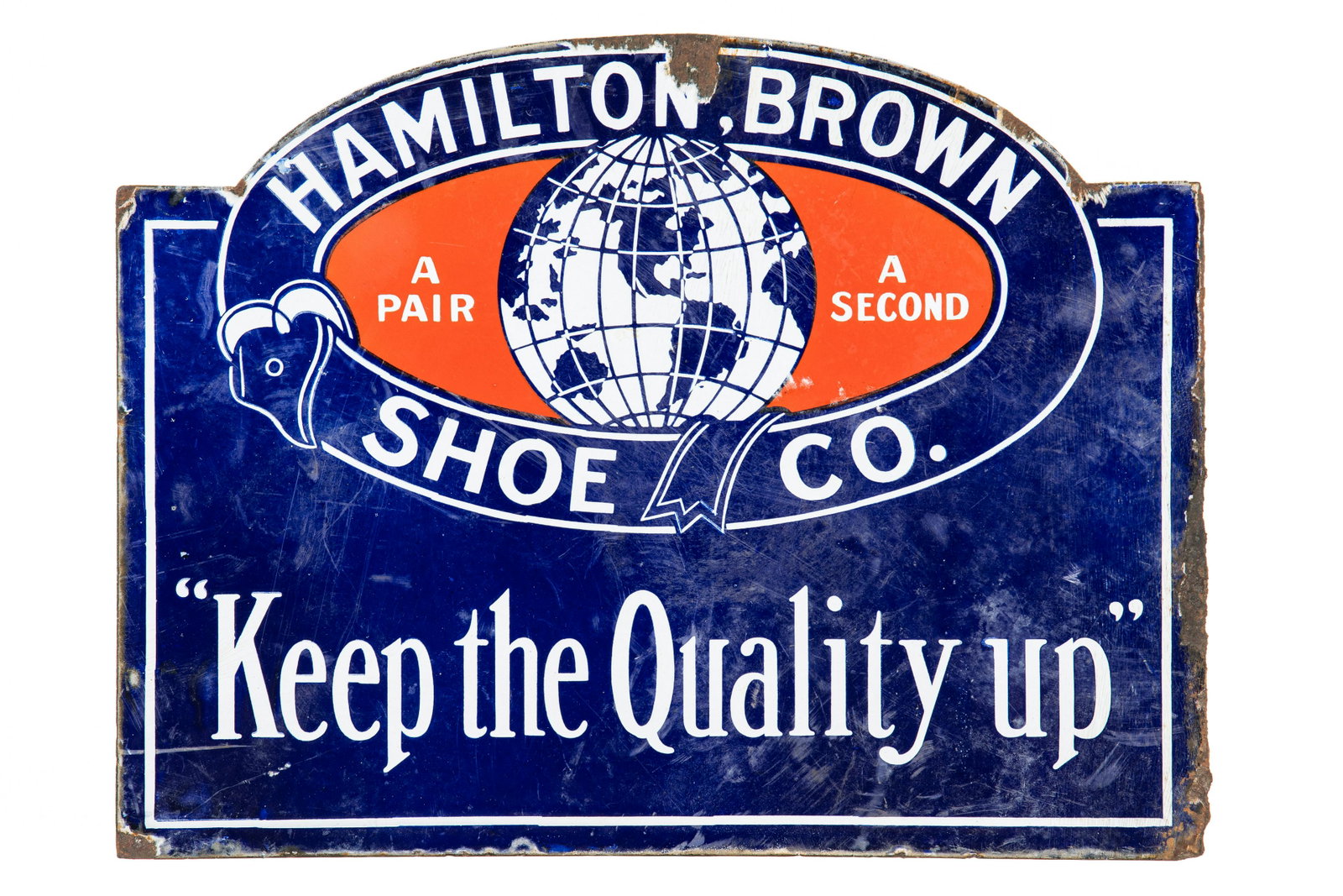 Hamilton Brown Shoe Co. Flange Sign: DSP. It has average color and gloss. It shows areas of wear, discoloration, bends, chipping, and the flange has been cut off. Measures: 12.25"x16" Rating: 6.75 & 6.75 Est: $125-$250