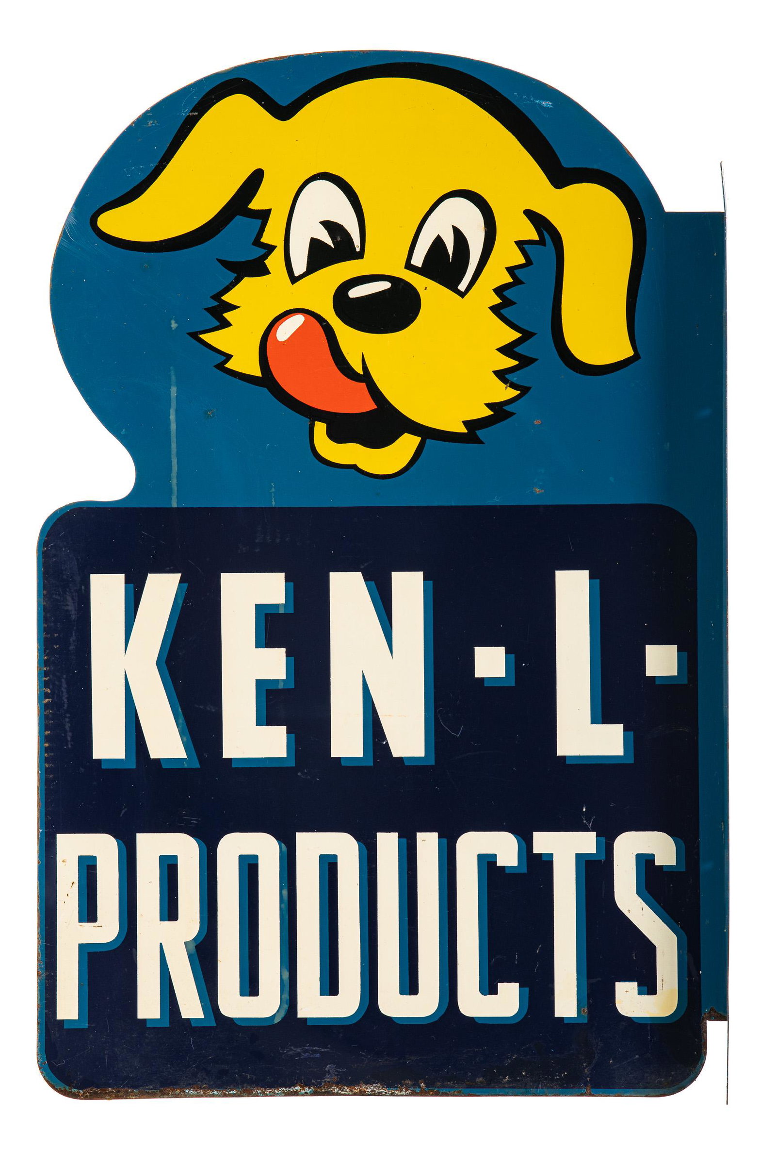 Ken-L-Products Flange Sign: DSTF. It has above average color and gloss. It shows wear, paint loss, slight discoloration, and paper marks. It displays well. Measures: 27.5"x18.25" Rating: 7.75 & 7.75 Est: $250-$500