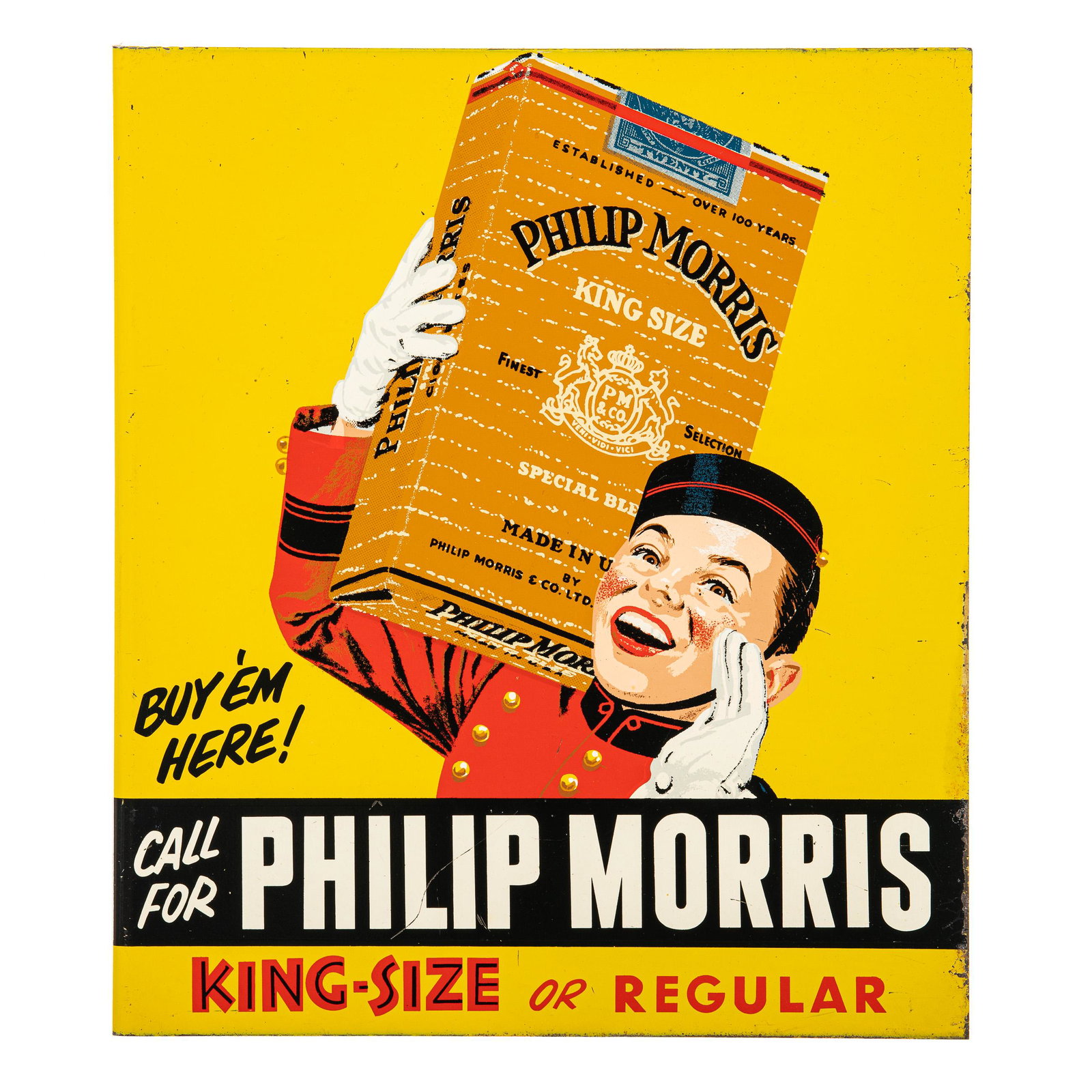 Phillip Morris King-Size Or Regular Flange Sign: DSTF. It has good color and gloss. It shows areas of paint loss and light wear throughout. It displays well and is marked Stout Sign Co. Measures: 13.75"x12" Rating: 8.25 & 8.25 Est: $225-$450