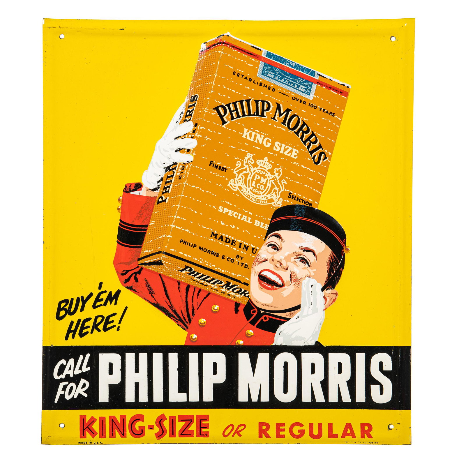 Phillip Morris King Size Or Regular Sign: SSTE. It has very good color and gloss. It shows light wear, spots of minor paint loss, minor flaws, and a few small bends. It displays very well. Measures: 14"x12.25" Rating: 8.5 Est: $200-$400