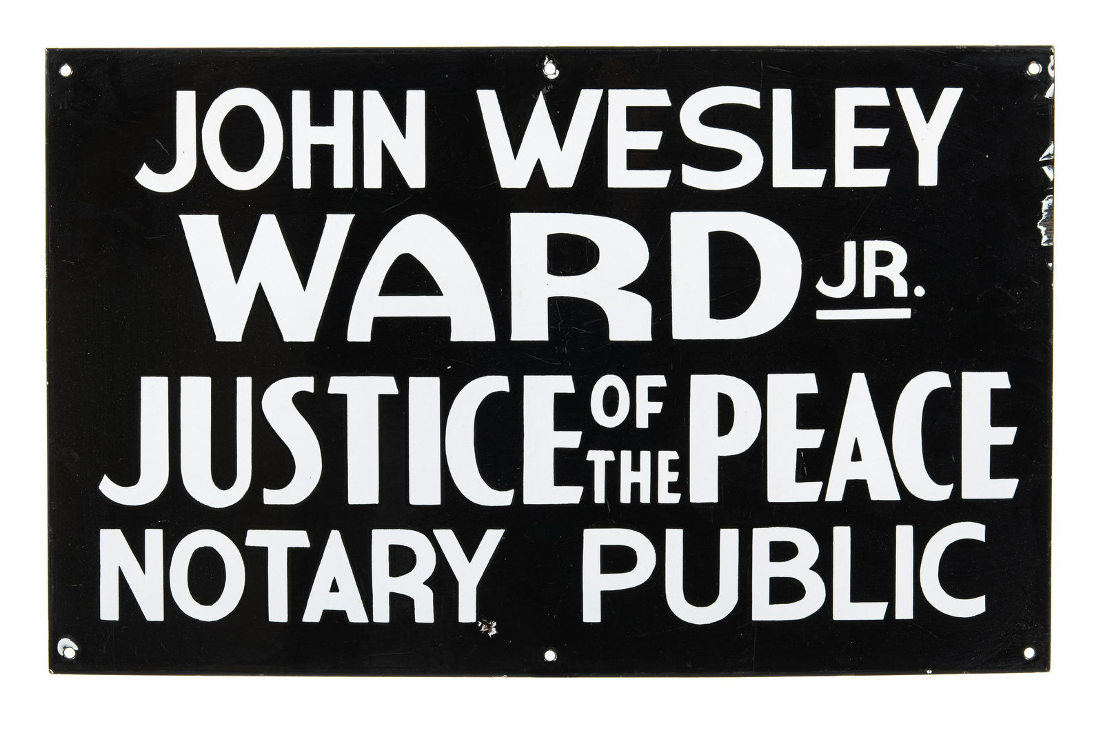 John Wesley Ward Jr. Public Notary Sign: SSP. It has above average color and gloss. It shows light wear, flaws, and some small chips throughout. It displays well. Measures: 15"x24" Rating: 8 Est: $150-$300