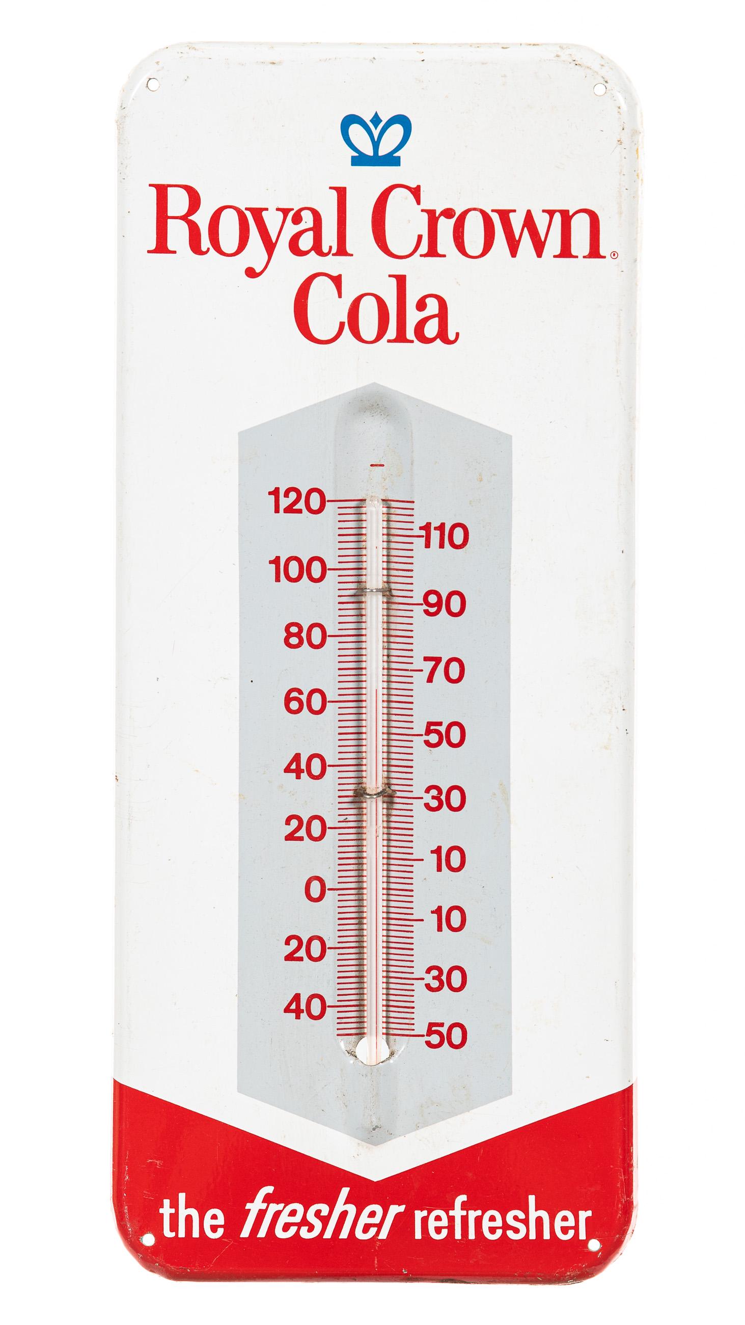 Royal Crown Cola The Fresher Refresher Thermometer: SST. It has above average color rand gloss. It shows light wear, minor paint loss, and some spots of slight discoloration. It displays well and appears to be accurate. Measures: 13.5"x5.75" Rating: 8.