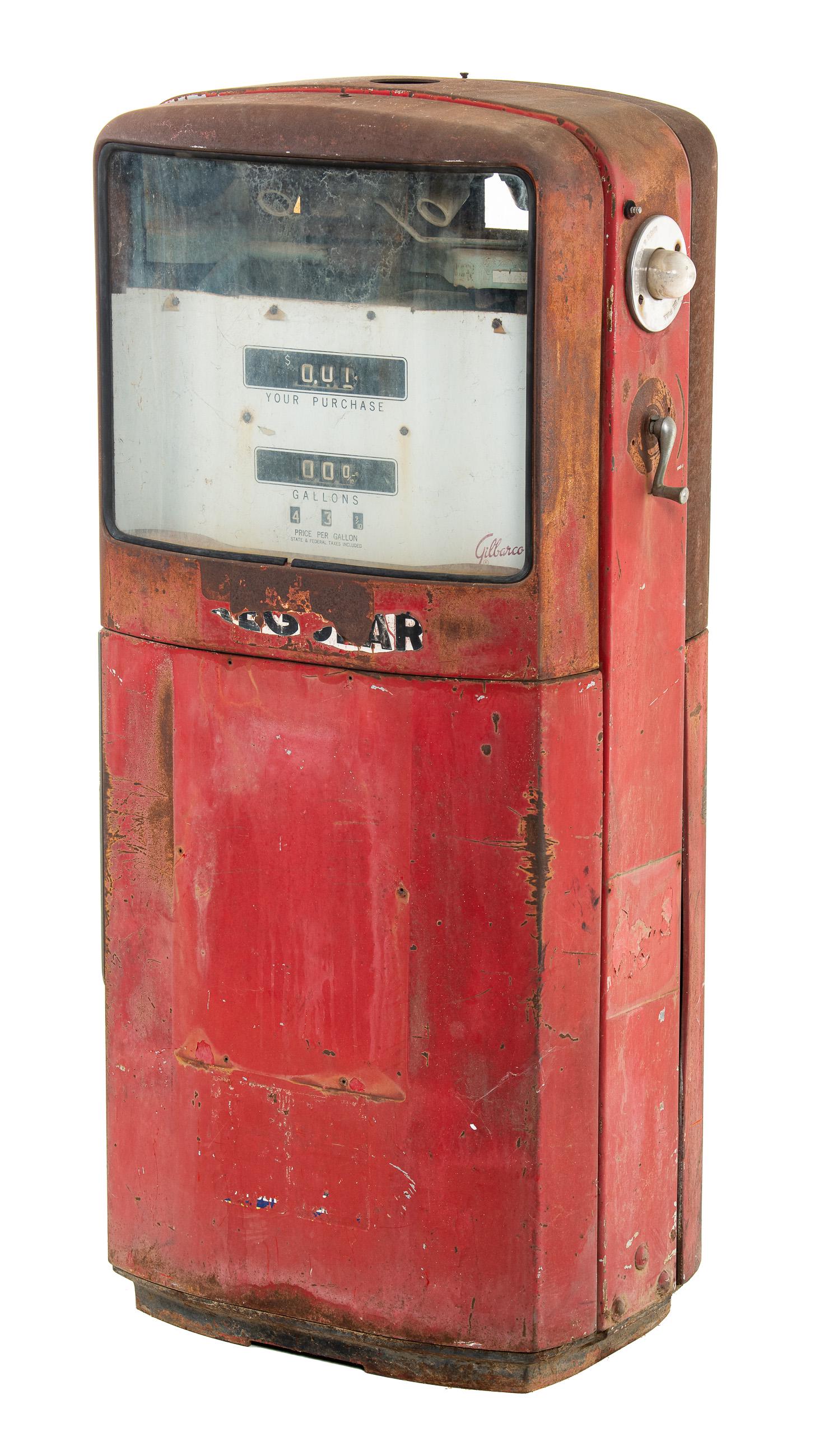 Gilbarco 1002 Gas Pump: It shows wear, paint loss, discoloration, missing parts, and bends/dents. It displays well and would look great outside. Measures: 58"x28.5" Rating: 6.5 Est: $250-$500