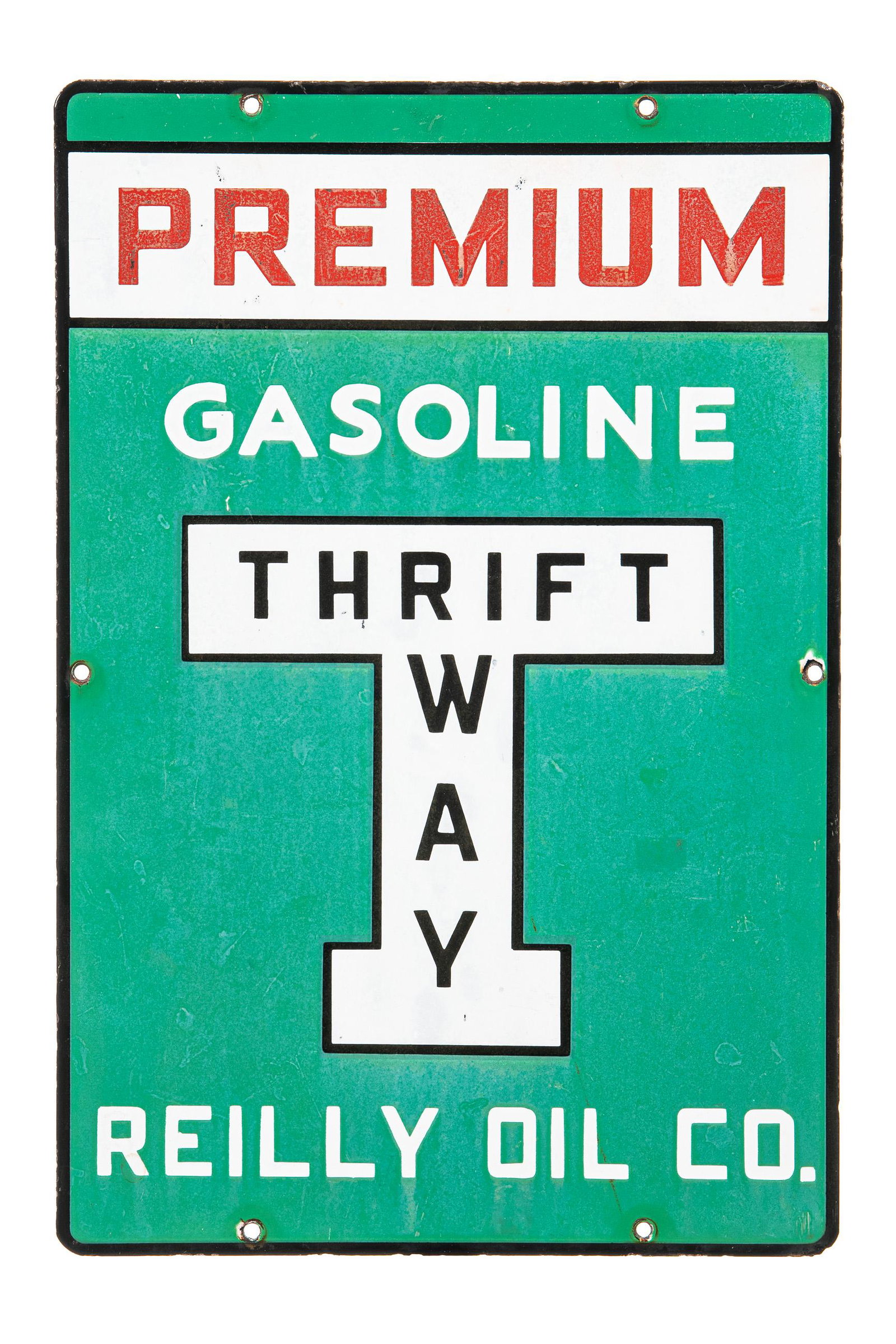 Thrift Way Premium Gasoline Pump Plate: SSP. It has average color and gloss. It shows light wear, discoloration, and a few small chips. It displays well. Measures: 18"x12" Rating: 8 Est: $1000-$2000