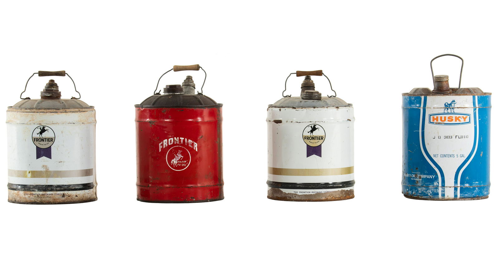 Lot of 4 Frontier & Husky 5 Gallon Oil Cans (1 of 1)