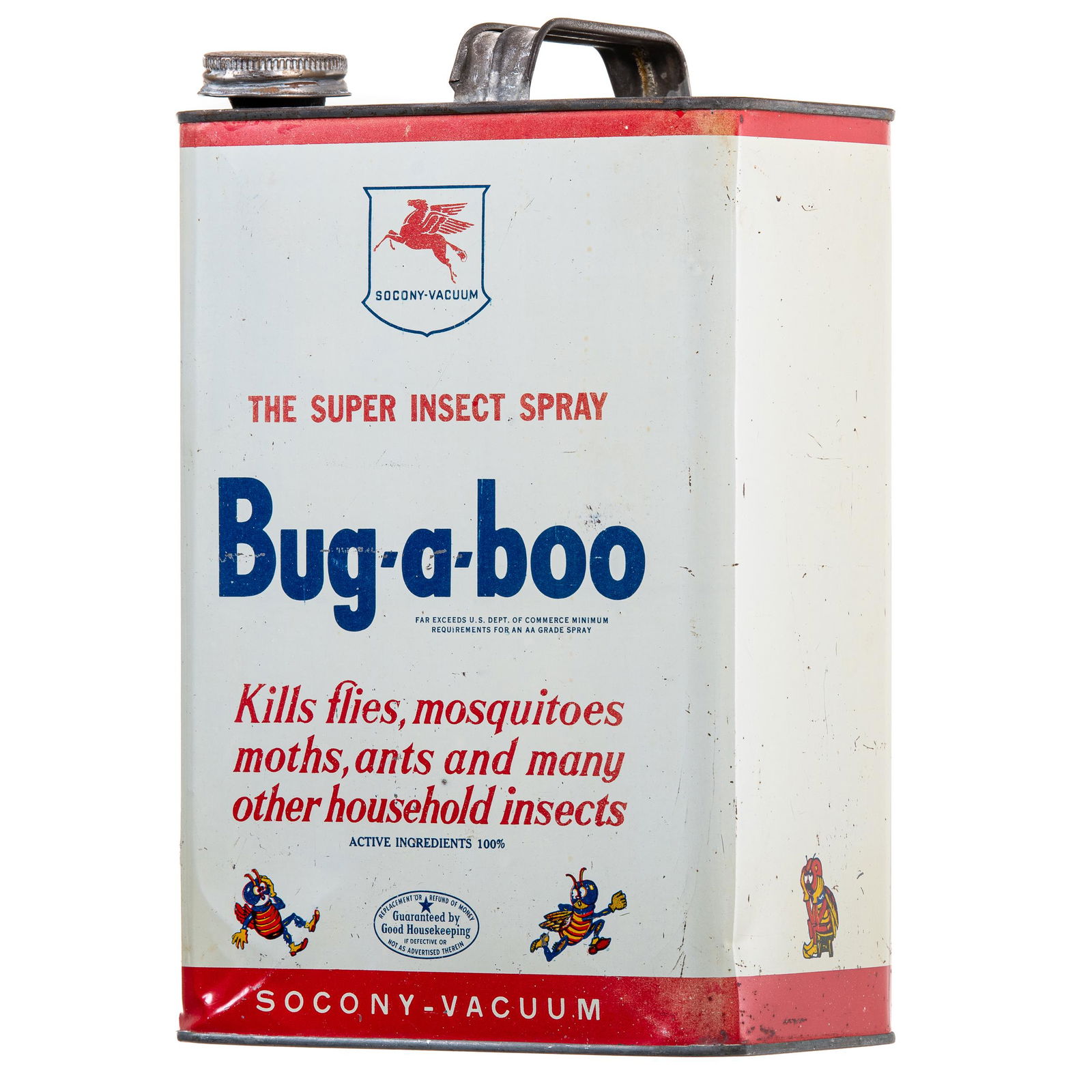 Socony Bug-a-boo Can: Empty one gallon can. Very good gloss and color. Shows very minor paint loss and few small dings. Tough can to find with great bug graphics. Measures: 10.5"X6.5" Rating: 8.5 Est: $50-$150