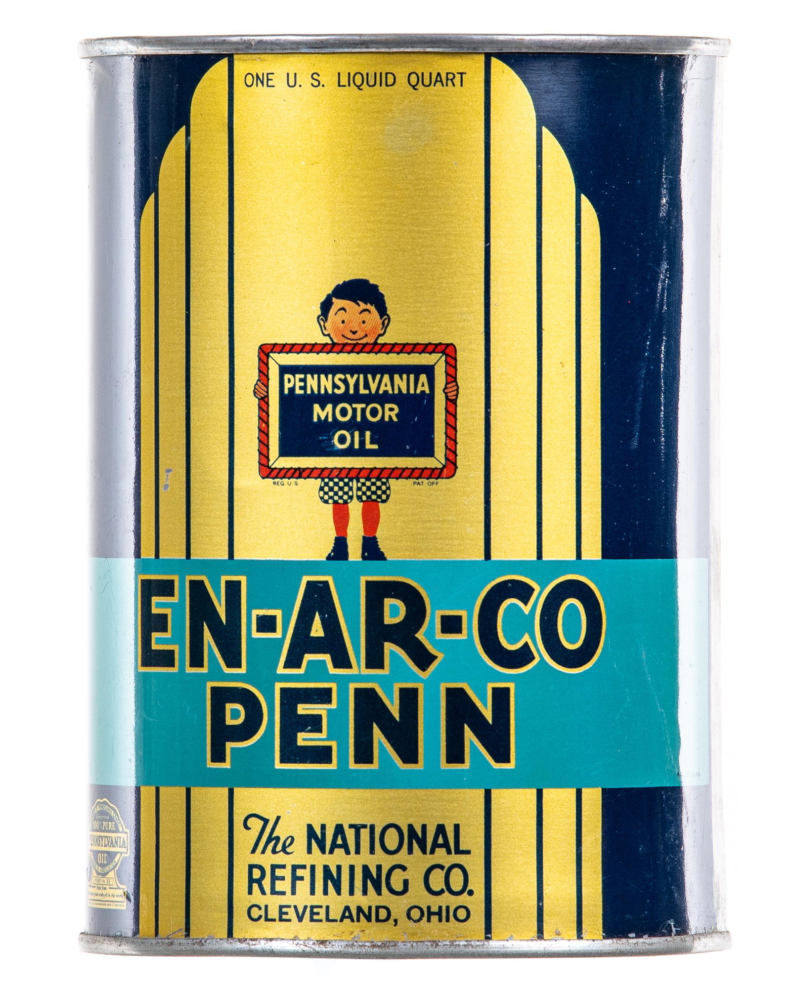 En-Ar-Co Penn Motor Oil Can: Empty quart can. Great gloss and color. Shows only minor wear and scratching. Tough quart can to find. Measures: 5.5"X4" Rating: 8.75 Est: $250-$450