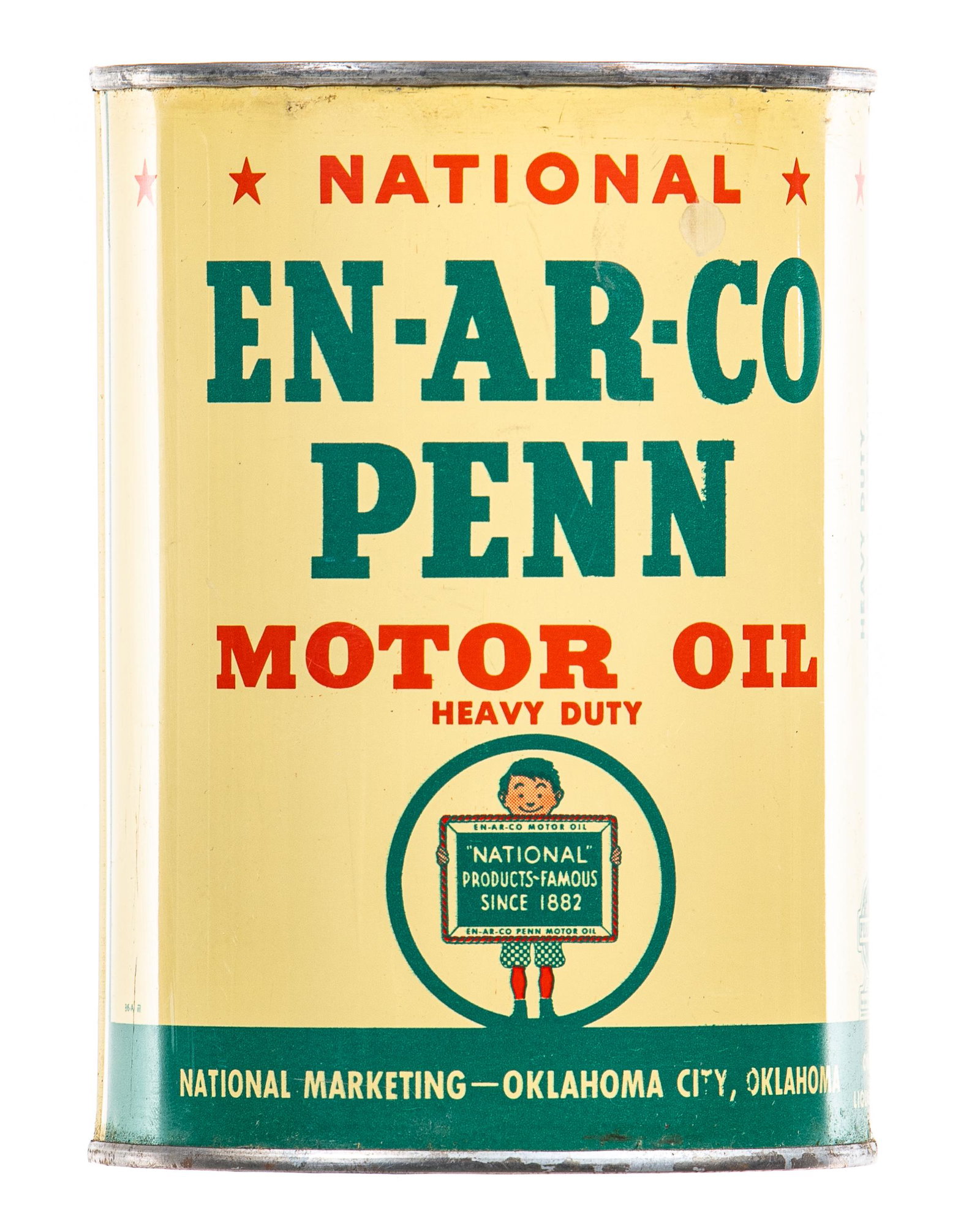 En-Ar-Co Penn Motor Oil Can: Empty quart can. Great gloss and color. Shows only minor wear. Very nice can. Measures: 5.5"X4" Rating: 9 Est: $100-$300
